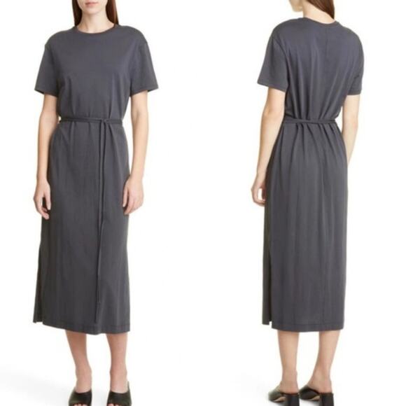 NEW Vince Charcoal Gray Short Sleeve Cotton T-Shirt Belted Midi Dress - Picture 1 of 12